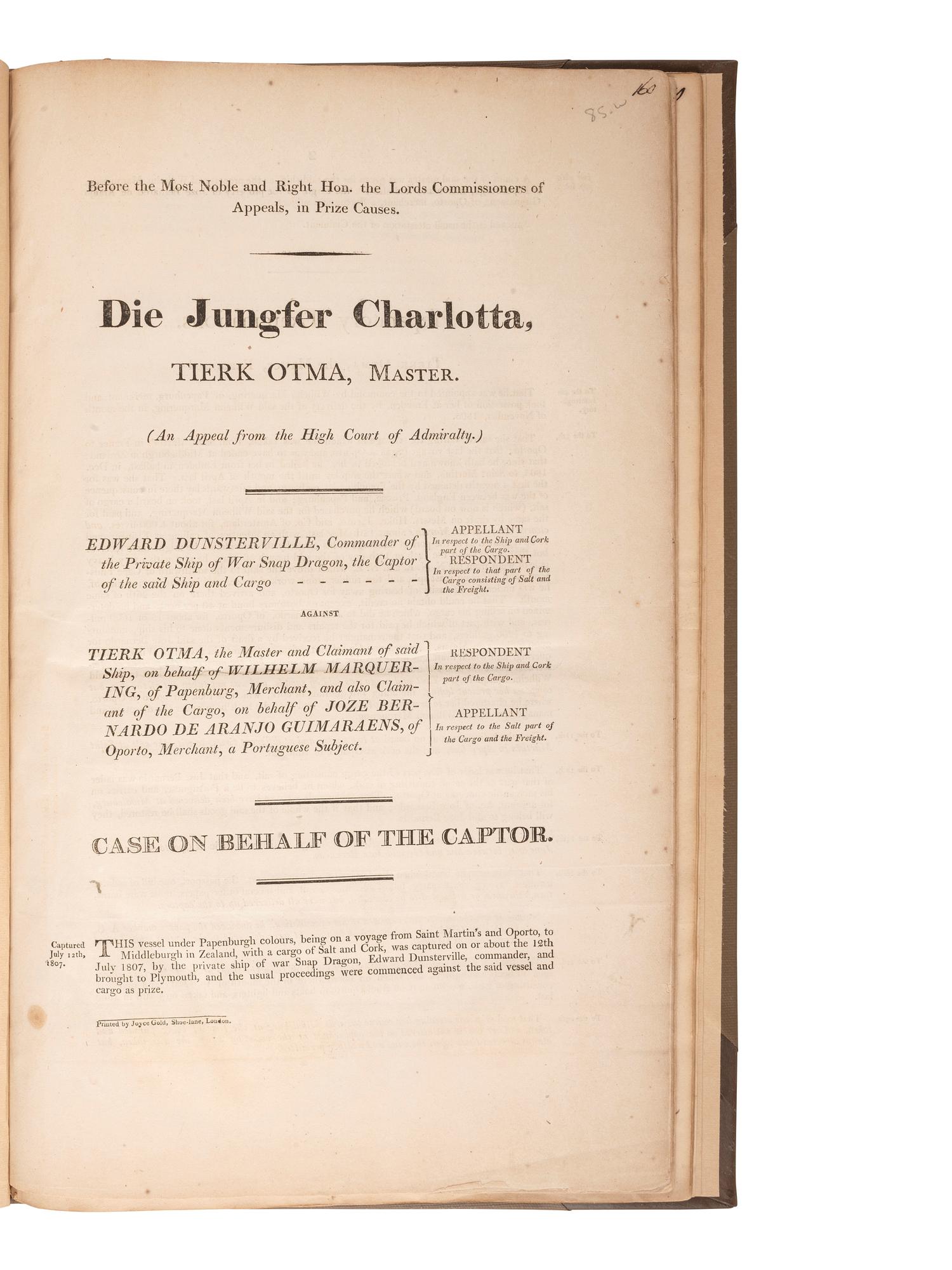 [PIRACY -- PRIVATEERS]. Four printed documents relating to appeals for ships taken prize by privateers.