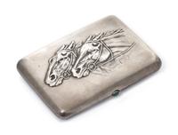 A Russian Silver Cigarette Case, Mark of Second Artel, Moscow, early 20th century, the lid worked to show two horses racing and having