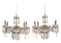 A Pair of English Cut Glass Four-Light Sconces Height 31 inches.