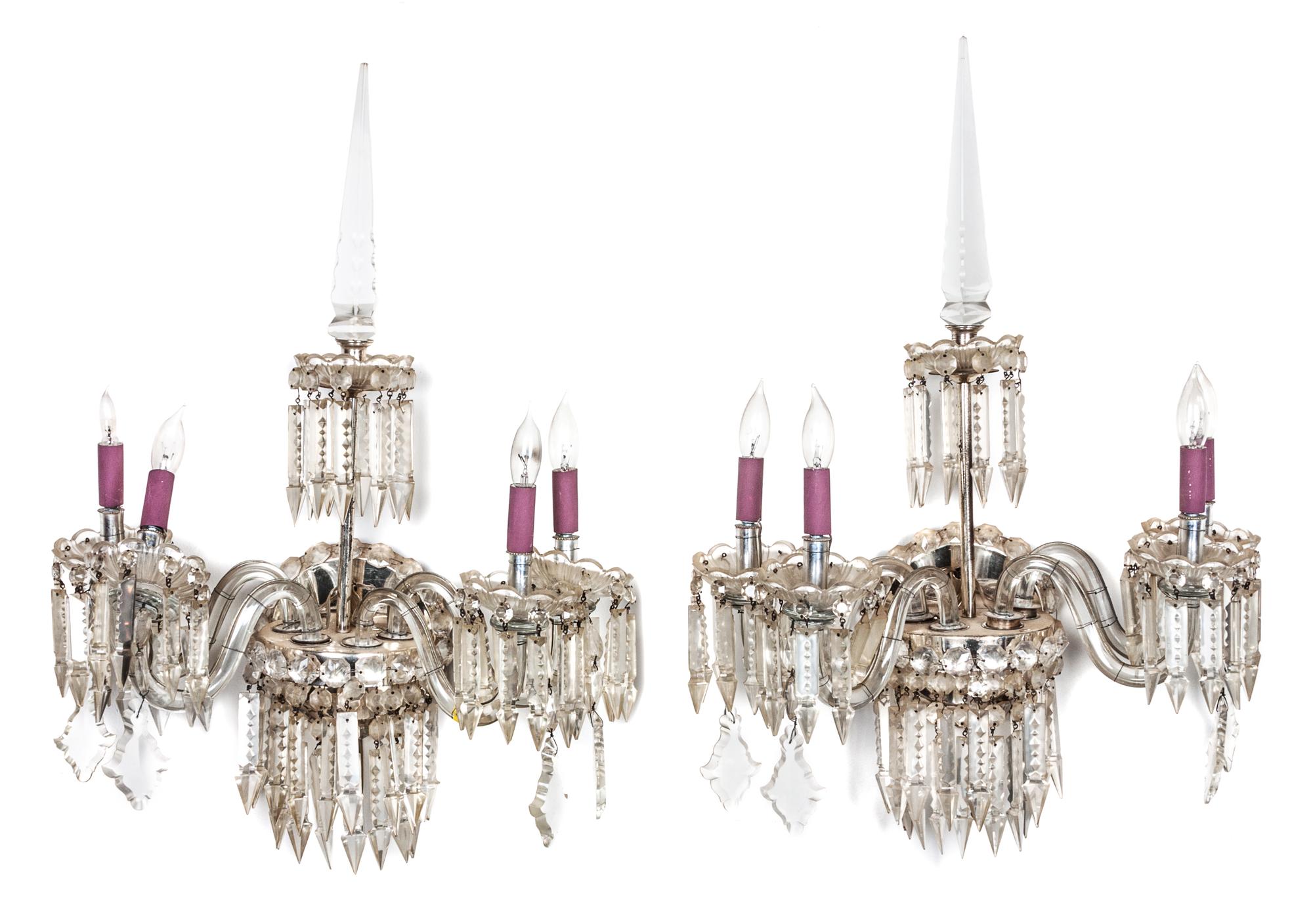 A Pair of English Cut Glass Four-Light Sconces Height 31 inches.