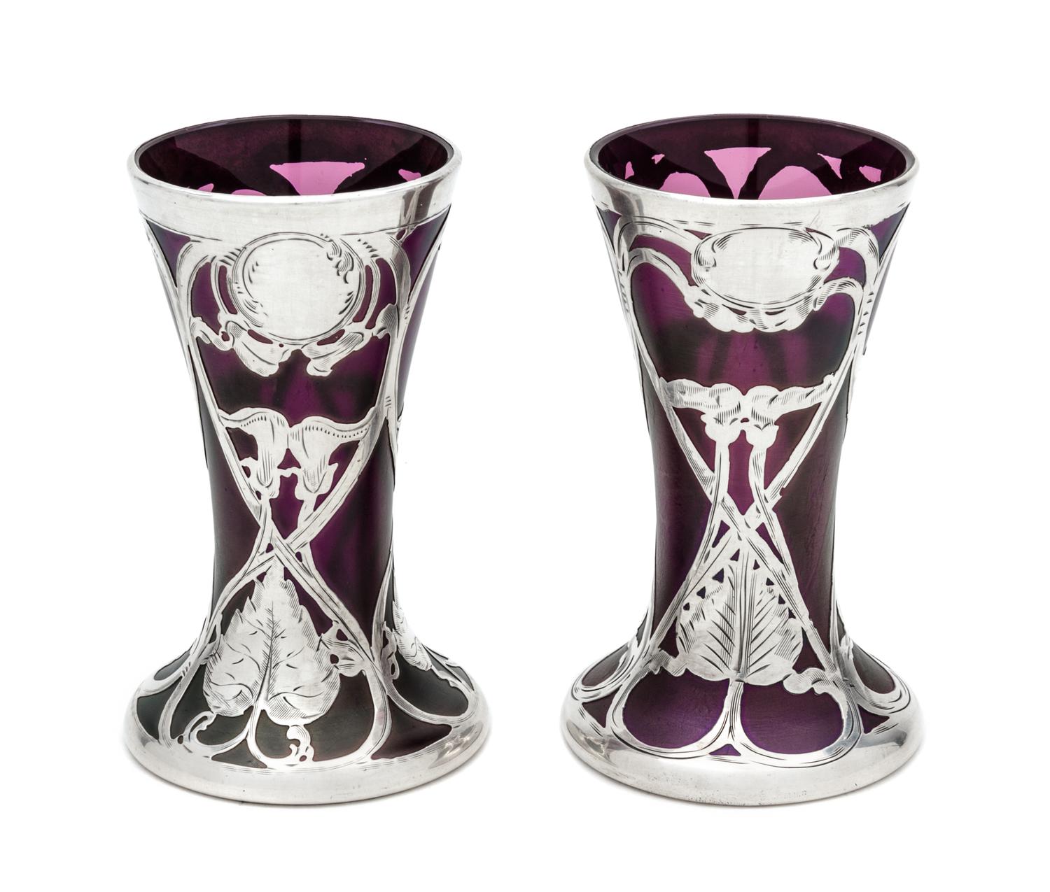 A Near Pair of Iridescent Silver Overlay Glass Vases, likely Austrian Height 4 1/8 inches.