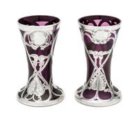 A Near Pair of Iridescent Silver Overlay Glass Vases, likely Austrian Height 4 1/8 inches.