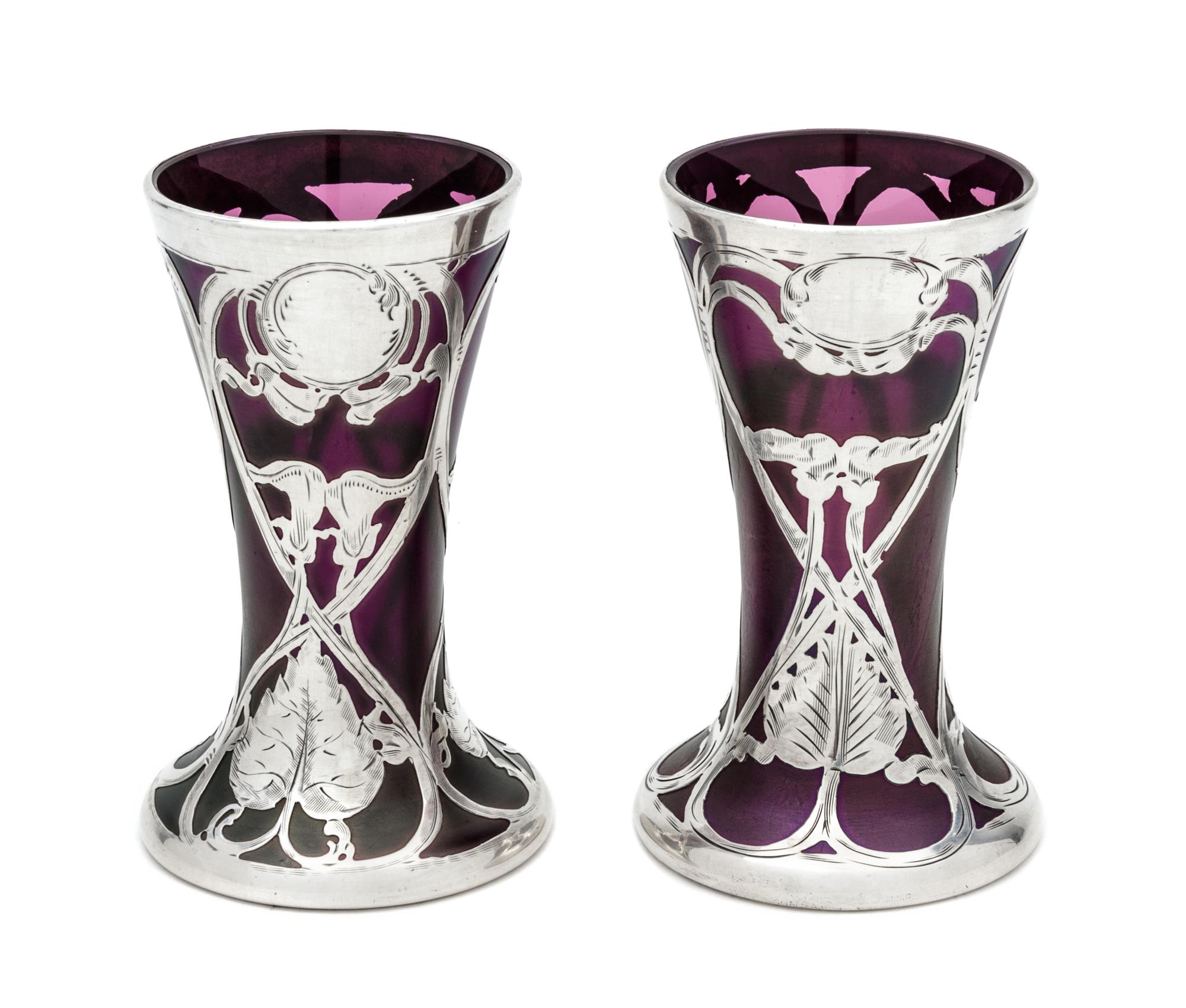 A Near Pair of Iridescent Silver Overlay Glass Vases, likely Austrian Height 4 1/8 inches.