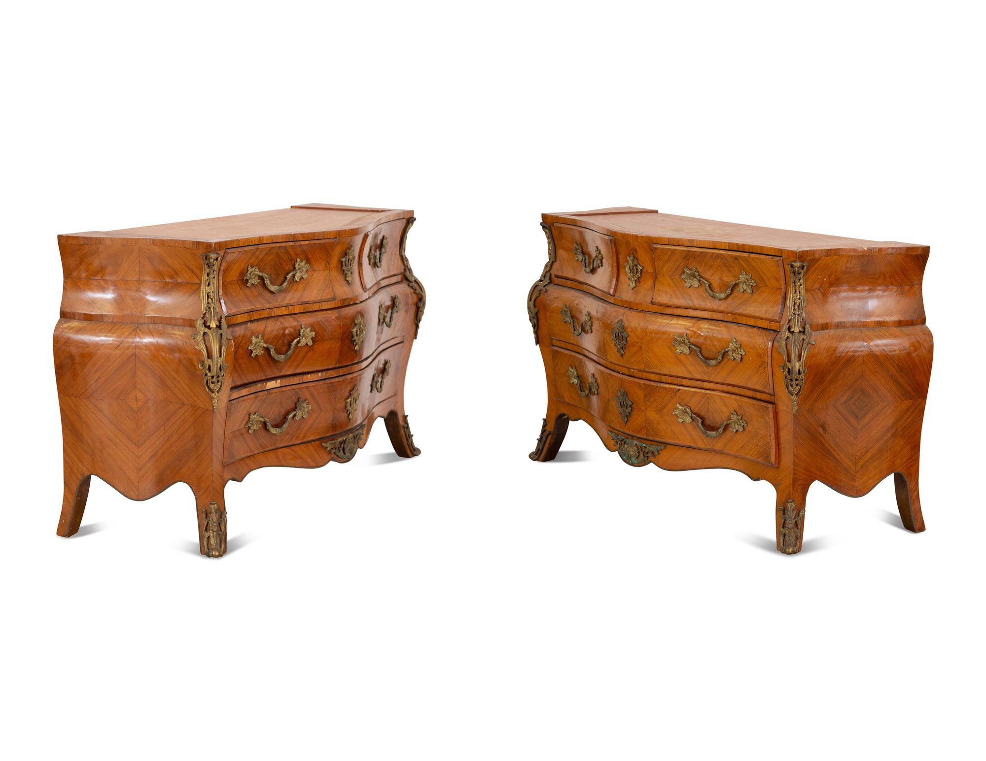 A Pair of Gilt Bronze Mounted Kingwood Bombe Commodes