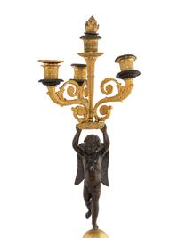 A Pair of Empire Style Gilt and Patinated Bronze Figural Candelabra