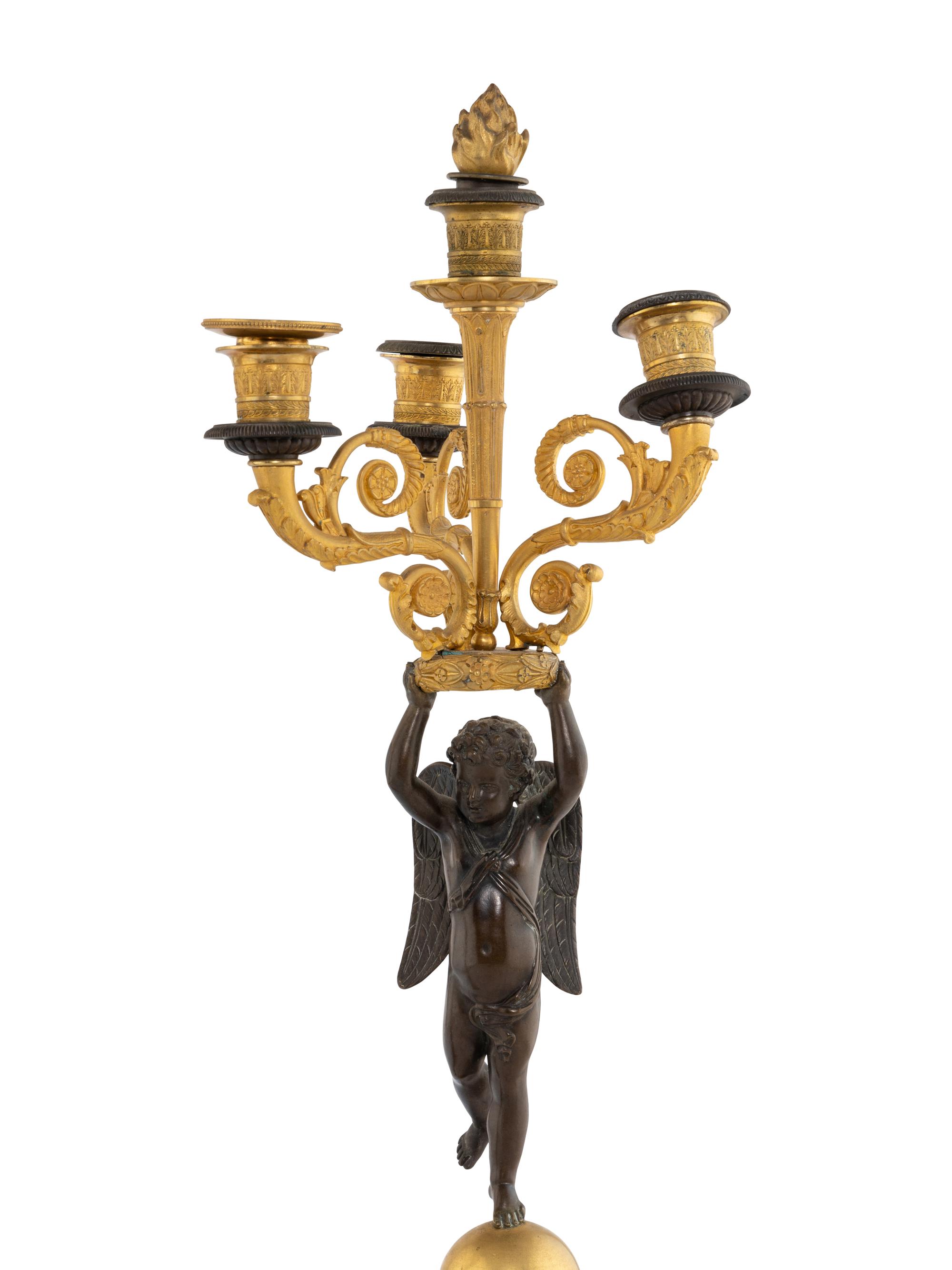 A Pair of Empire Style Gilt and Patinated Bronze Figural Candelabra