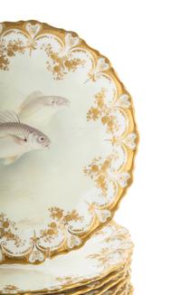 A Set of Fourteen Royal Doulton Parcel-Gilt Porcelain Fish Plates