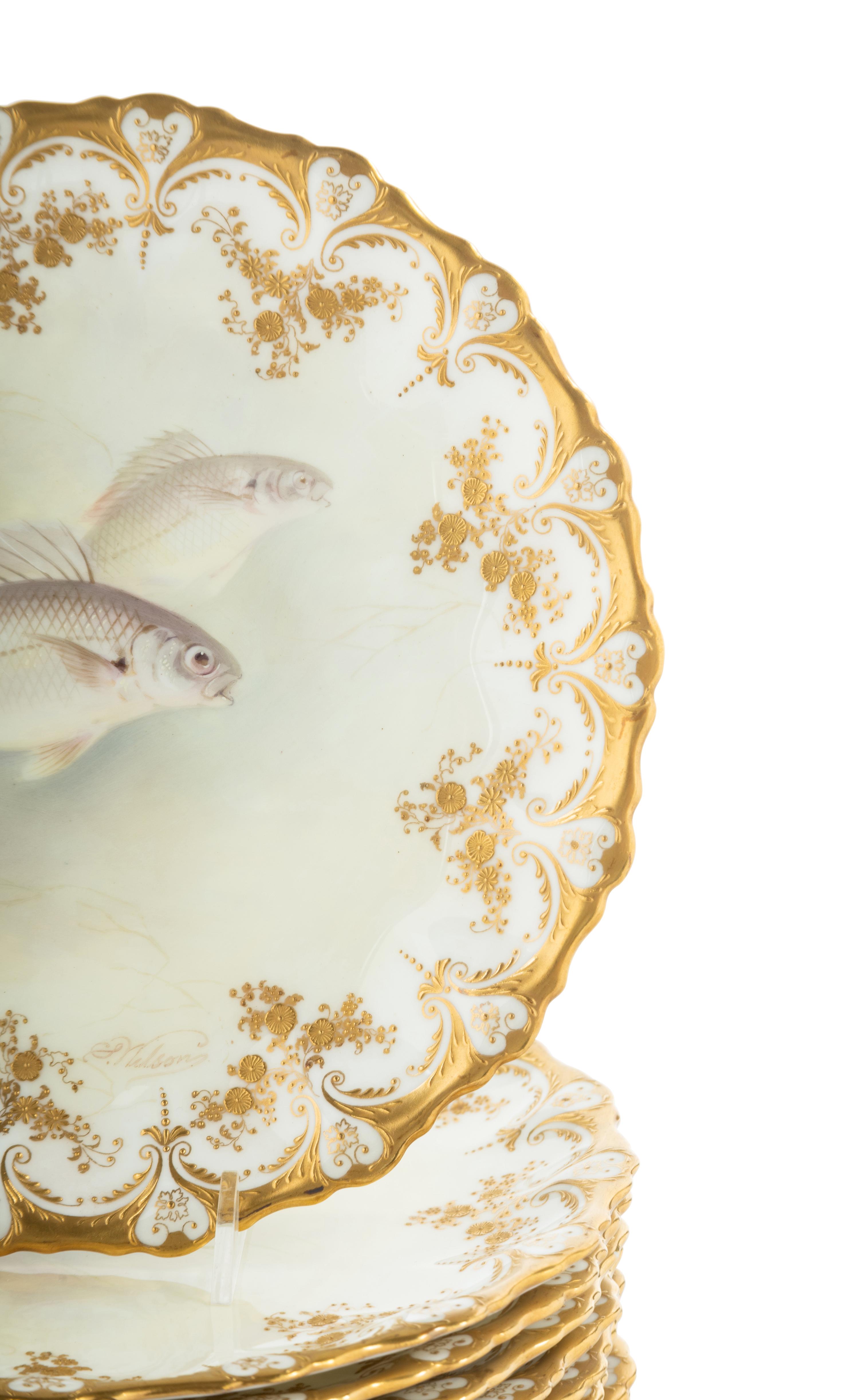 A Set of Fourteen Royal Doulton Parcel-Gilt Porcelain Fish Plates