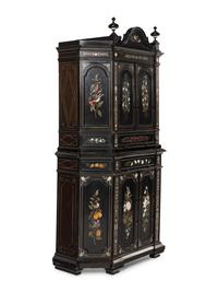 An Italian Marquetry and Pietra Dura Plaque Mounted Ebonized Cabinet