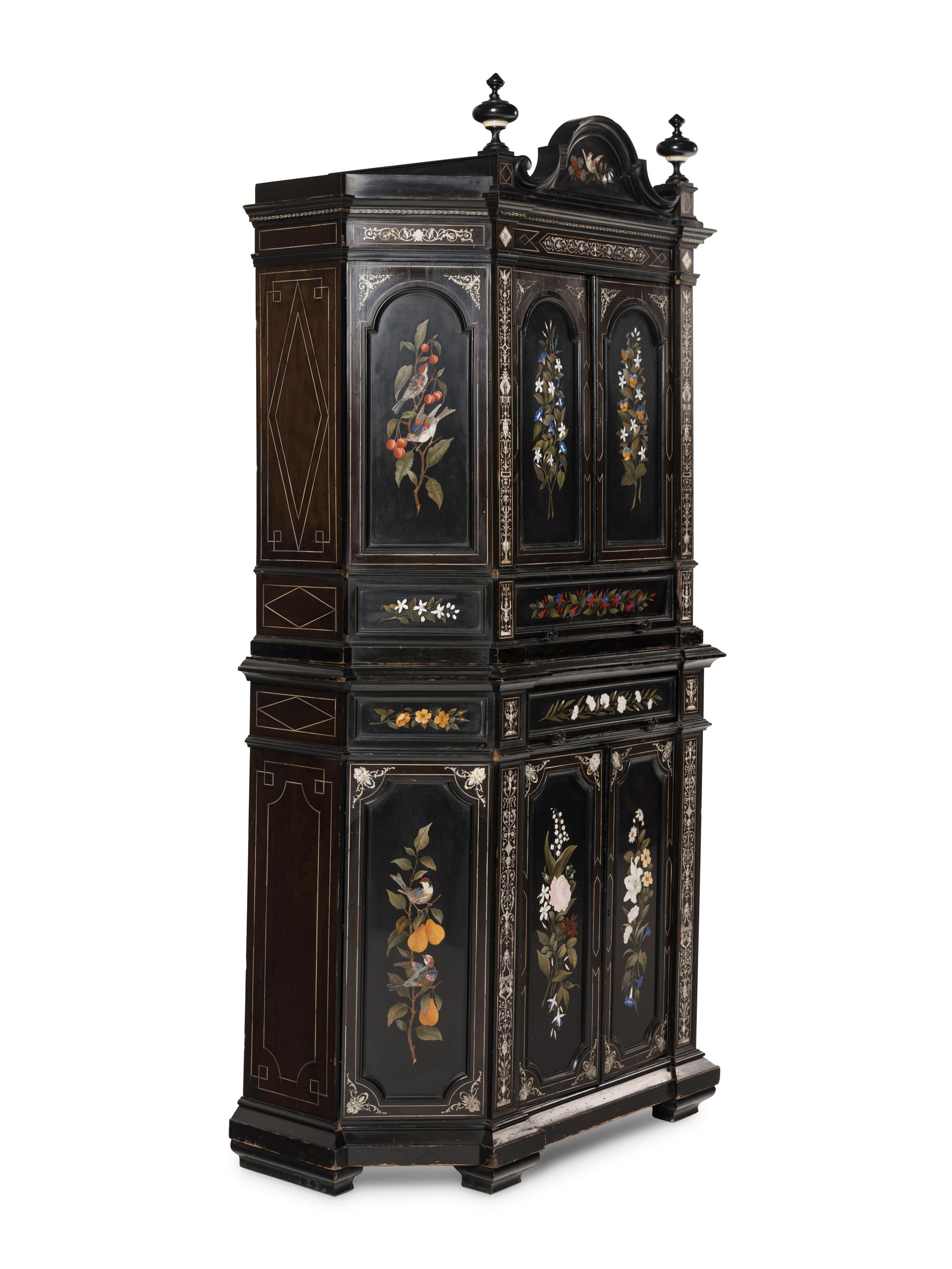An Italian Marquetry and Pietra Dura Plaque Mounted Ebonized Cabinet