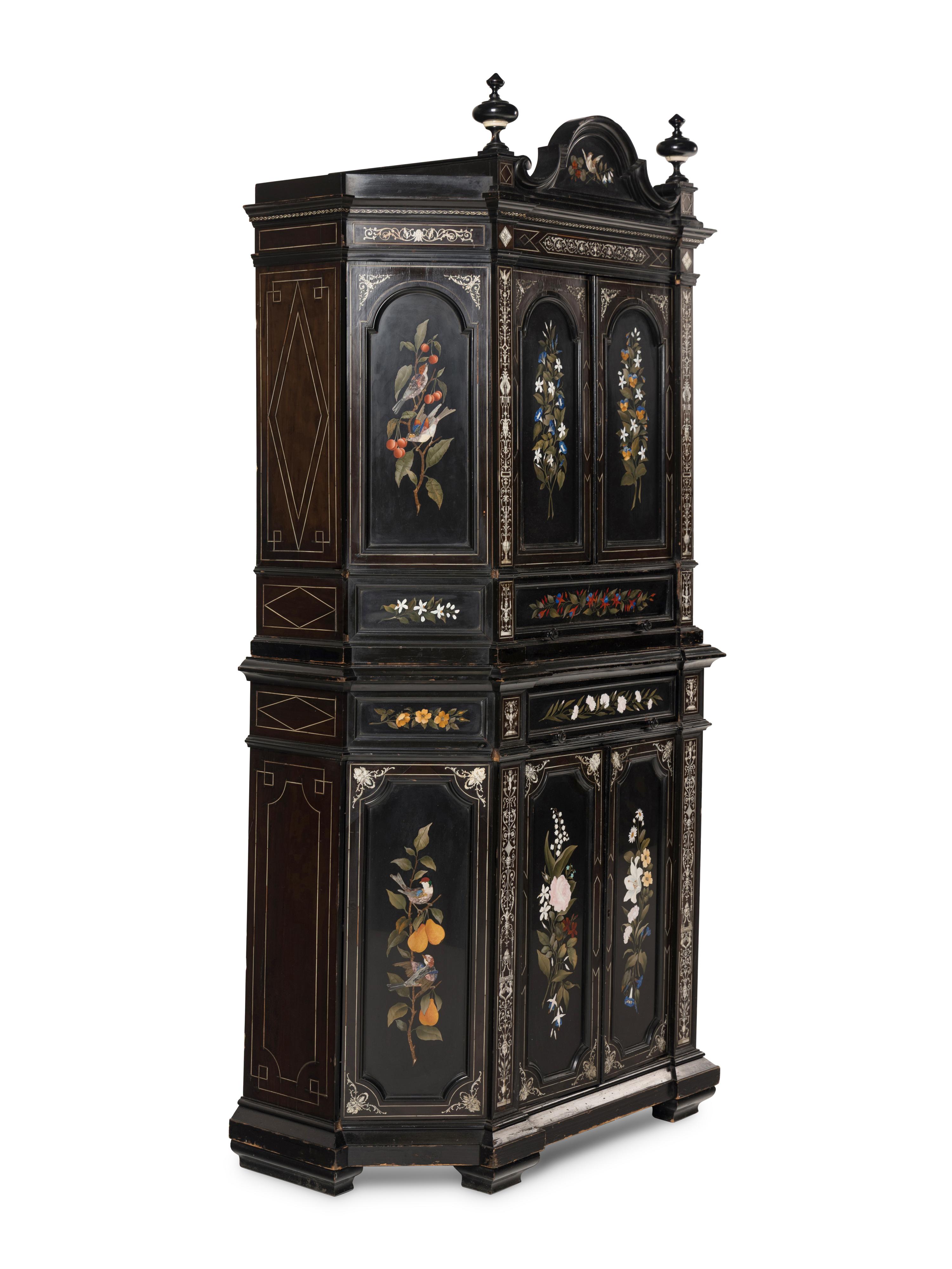 An Italian Marquetry and Pietra Dura Plaque Mounted Ebonized Cabinet