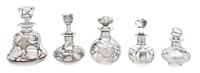 A Group of Five Silver Overlay Glass Perfume Bottles Height of tallest 4 3/4 inches.