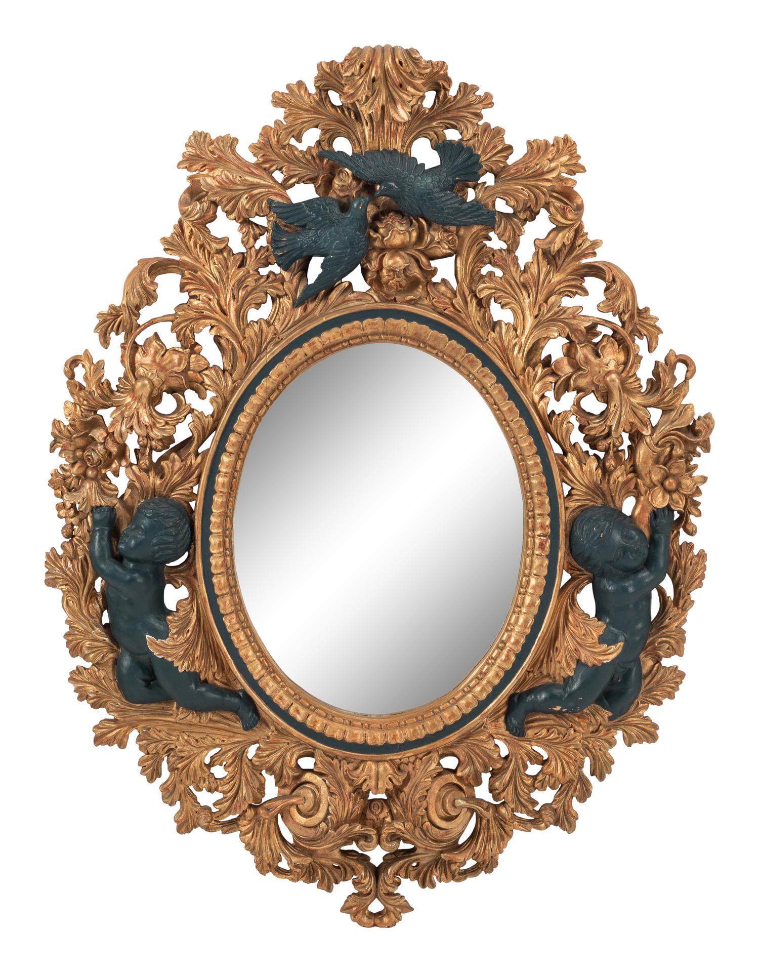 An Italian Baroque Style Gilt Mirror with Ebonized Cherubs