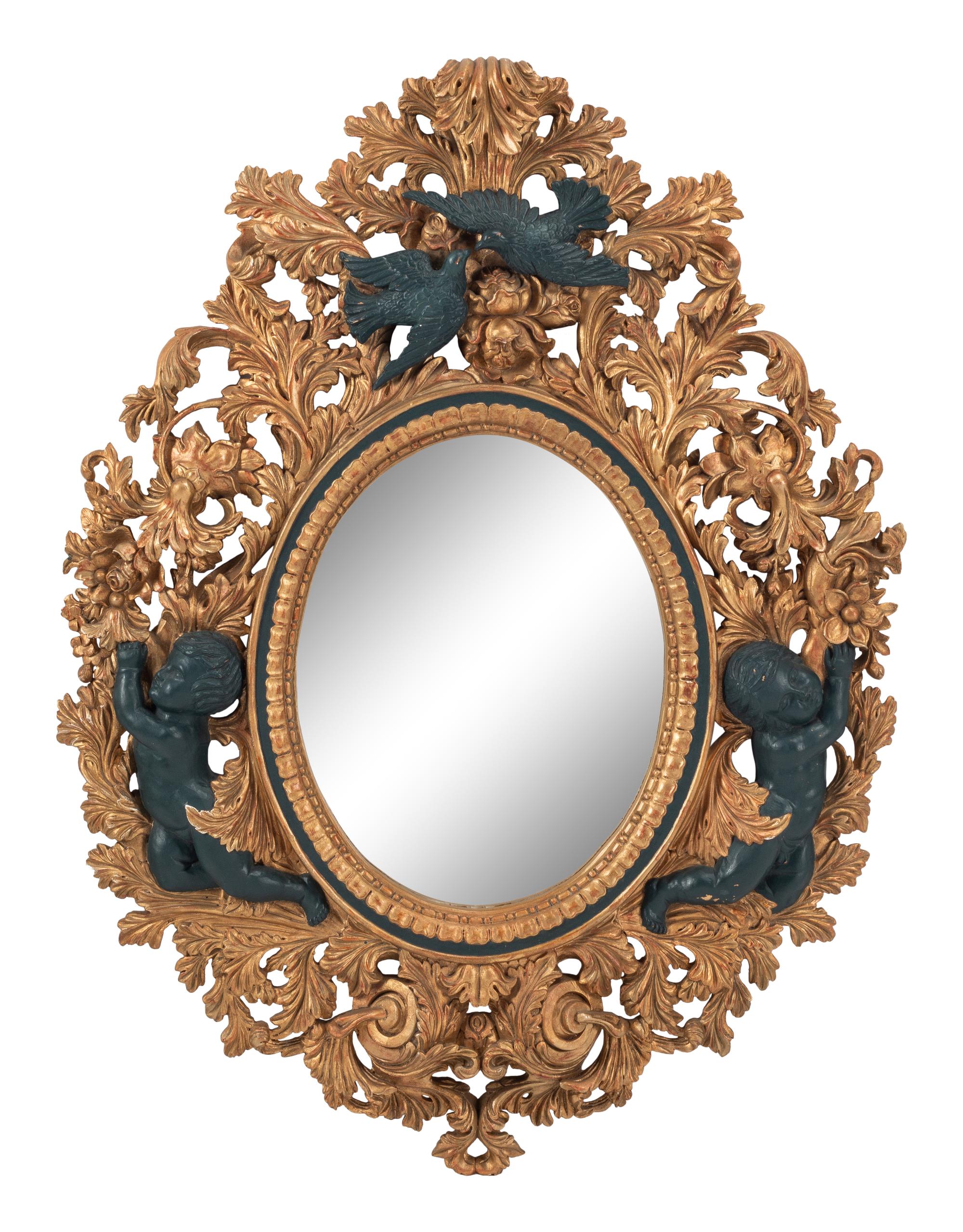 An Italian Baroque Style Gilt Mirror with Ebonized Cherubs