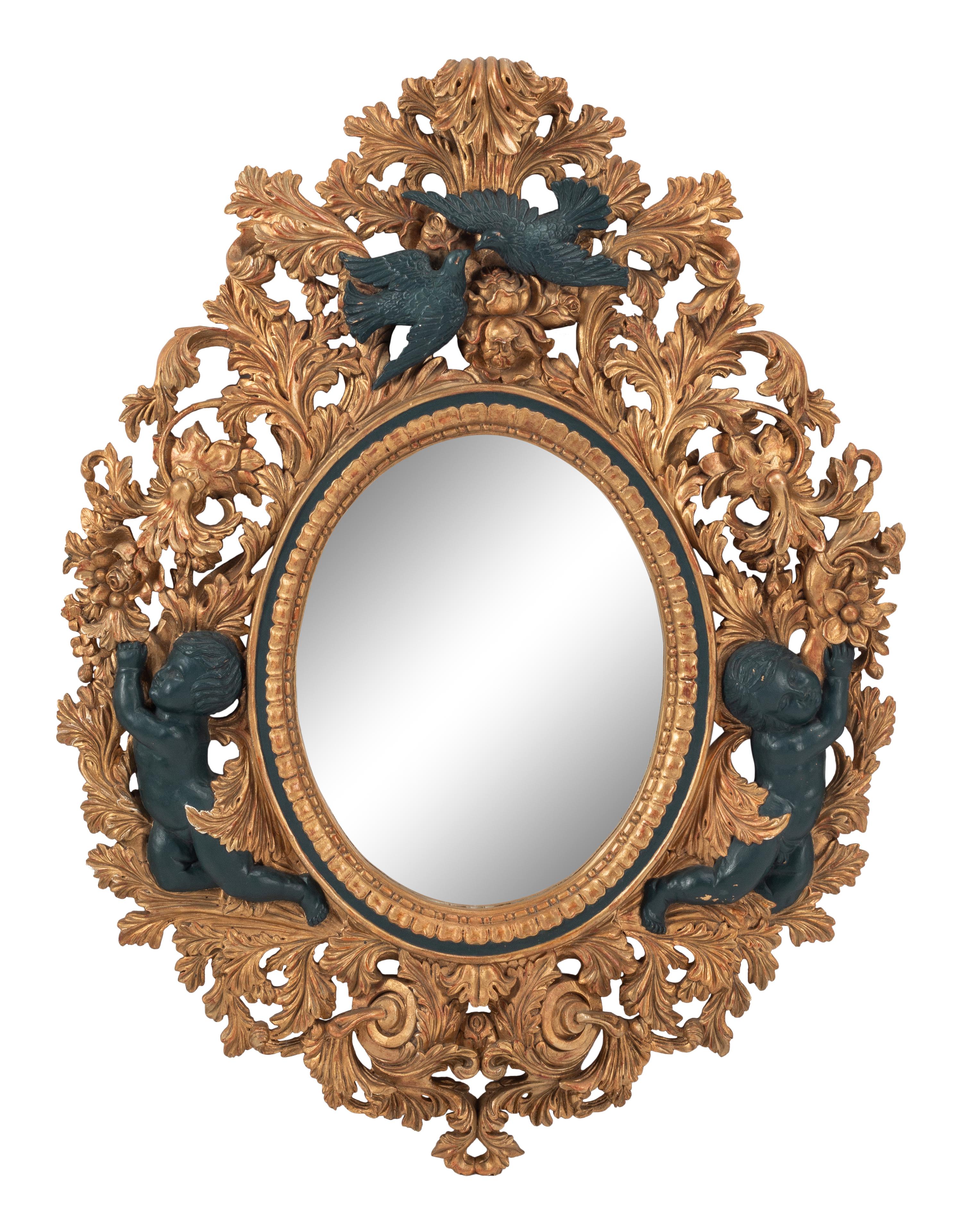 An Italian Baroque Style Gilt Mirror with Ebonized Cherubs