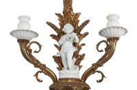 A Pair of Continental Gilt Bronze and Bisque Porcelain Two-Light Sconces
