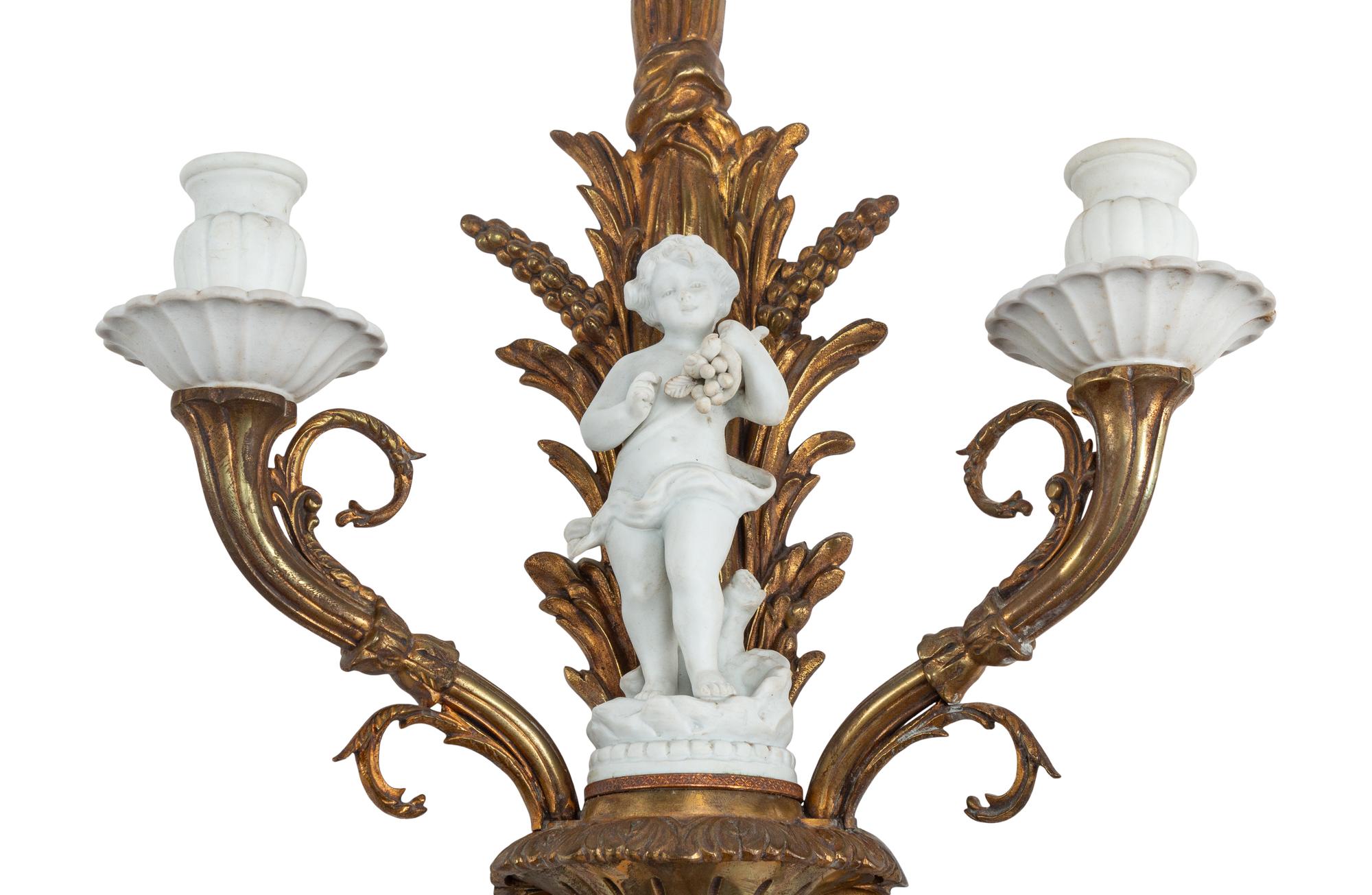 A Pair of Continental Gilt Bronze and Bisque Porcelain Two-Light Sconces