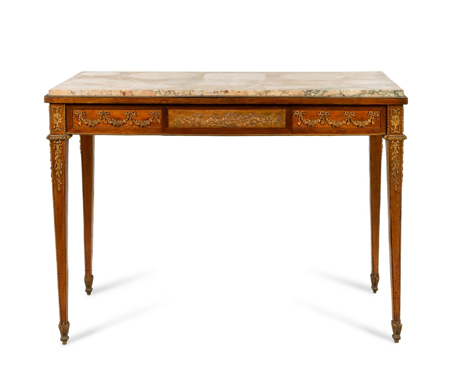 A Louis XVI Style Gilt Bronze Mounted Mahogany Center Table with Inset Frieze and Marble Top