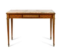 A Louis XVI Style Gilt Bronze Mounted Mahogany Center Table with Inset Frieze and Marble Top