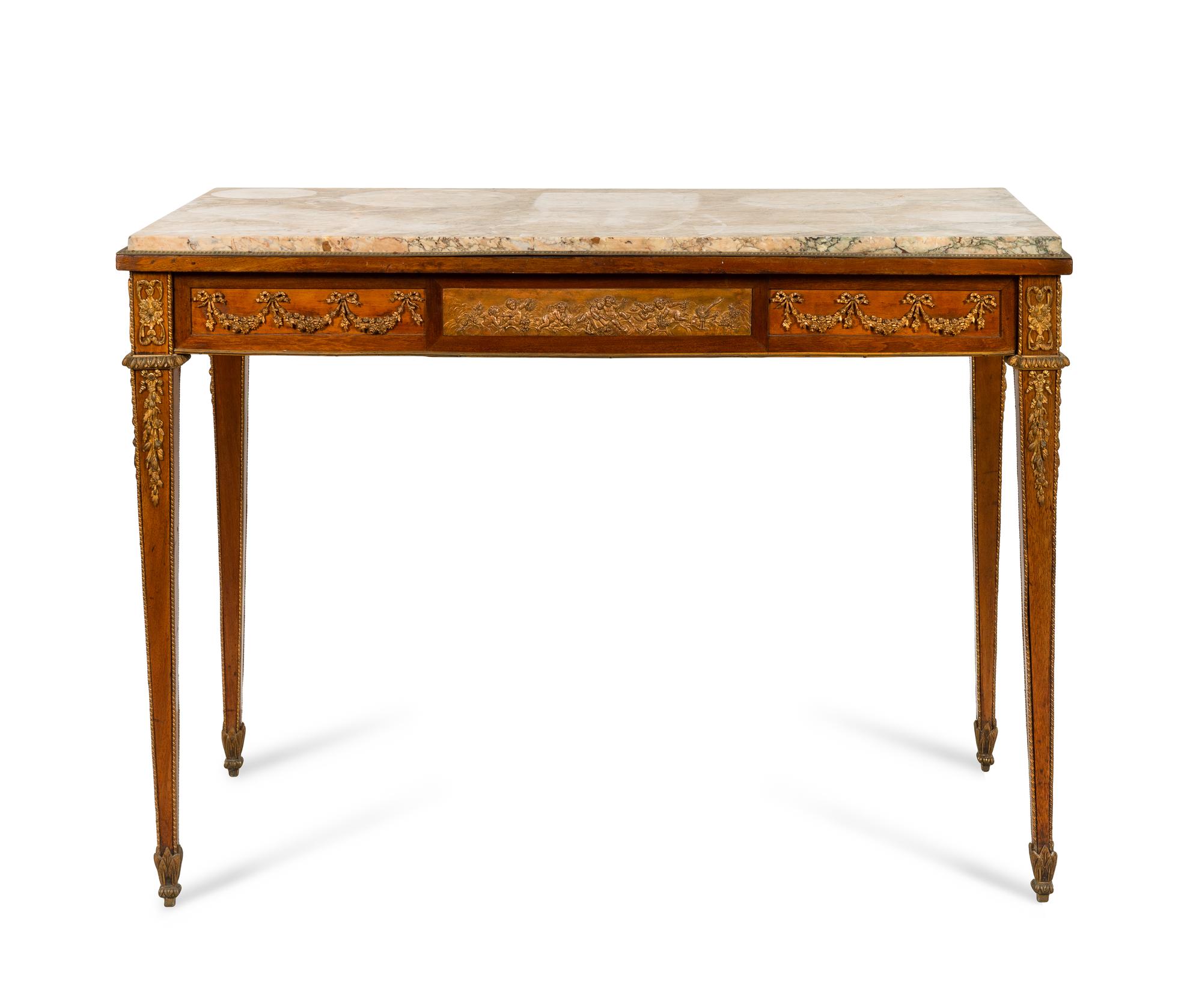 A Louis XVI Style Gilt Bronze Mounted Mahogany Center Table with Inset Frieze and Marble Top
