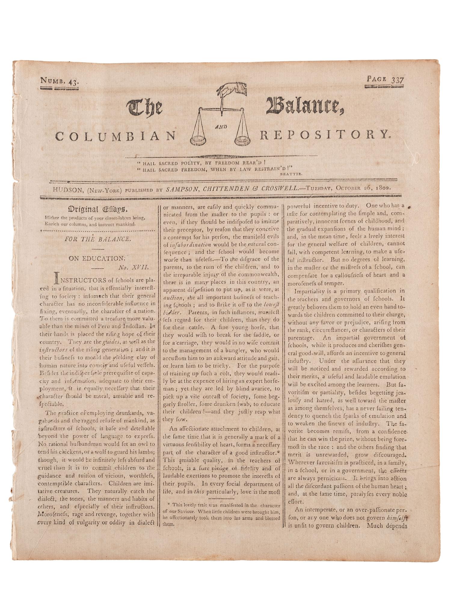 [SLAVERY & ABOLITION]. Advertisements for the return of freedom seekers published in 13 issues of The Balance, and Columbian Repository . Nos. 20-43. Hudson, NY: Sampson, Chittenden & Croswell. 18 May-26 October 1802.