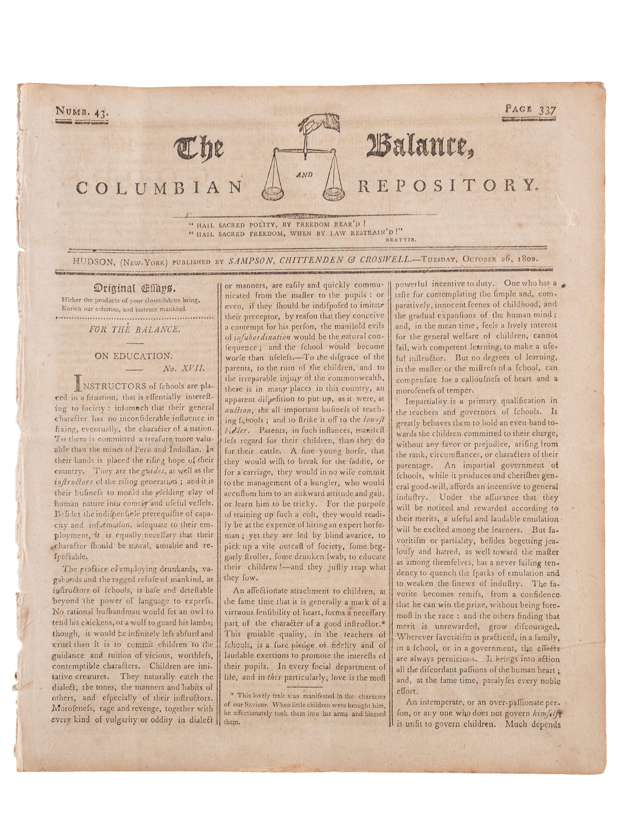 [SLAVERY & ABOLITION]. Advertisements for the return of freedom seekers published in 13 issues of The Balance, and Columbian Repository . Nos. 20-43. Hudson, NY: Sampson, Chittenden & Croswell. 18 May-26 October 1802.