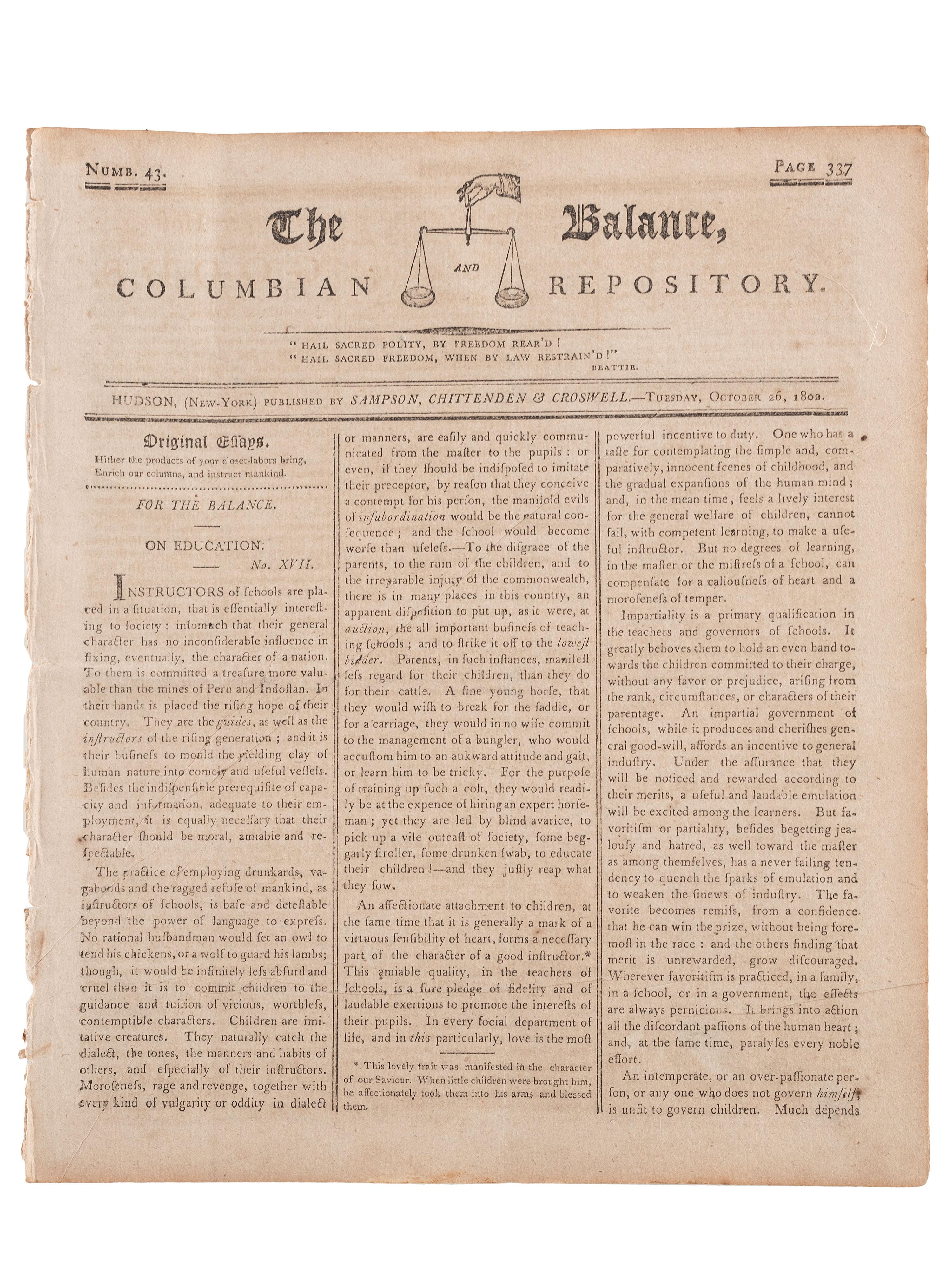 [SLAVERY & ABOLITION]. Advertisements for the return of freedom seekers published in 13 issues of The Balance, and Columbian Repository . Nos. 20-43. Hudson, NY: Sampson, Chittenden & Croswell. 18 May-26 October 1802.