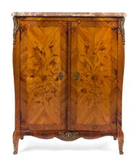 A Louis XV Style Gilt Bronze Mounted Marquetry Cabinet Height 55 1/2 x width 43 x depth 17 inches. — 19TH CENTURY