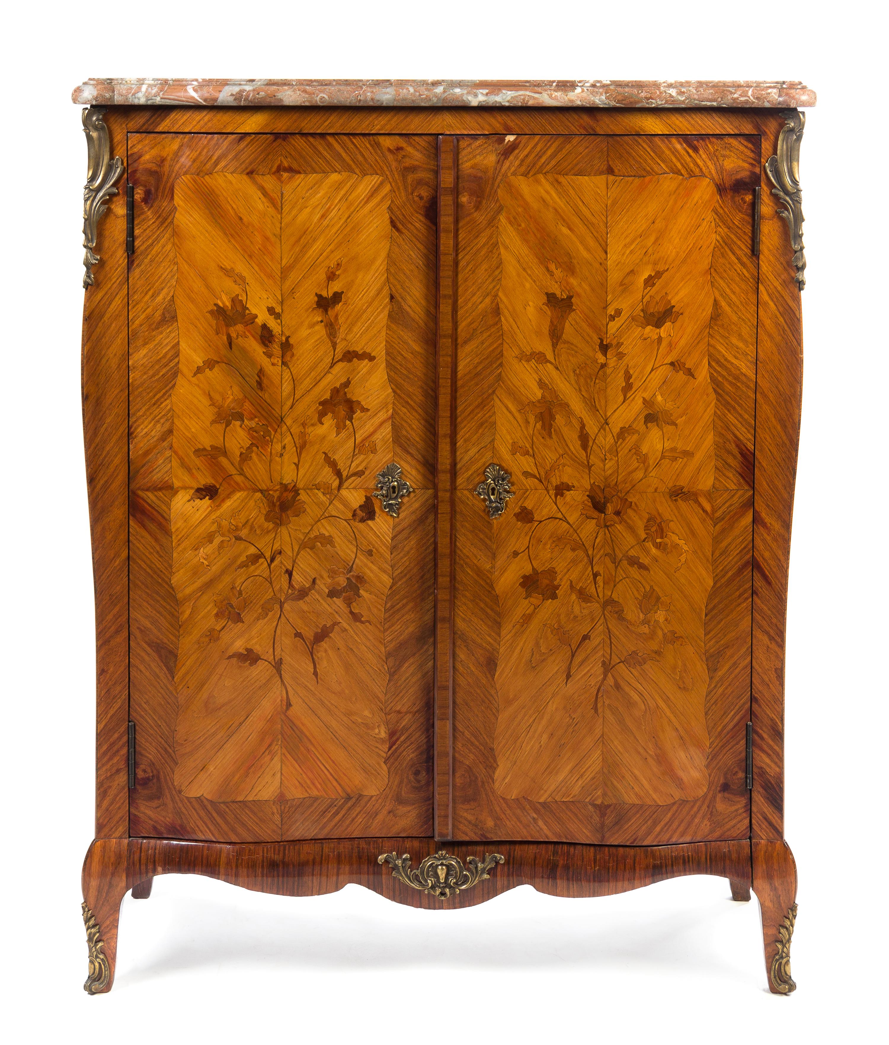 A Louis XV Style Gilt Bronze Mounted Marquetry Cabinet Height 55 1/2 x width 43 x depth 17 inches. — 19TH CENTURY
