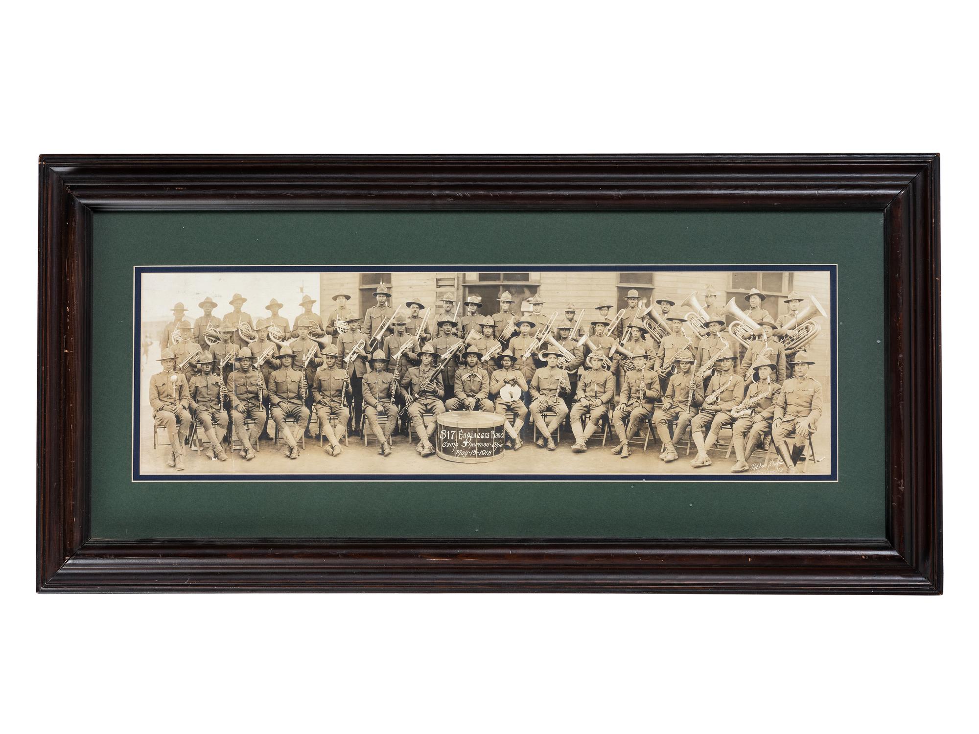 [WORLD WAR I]. Panoramic photograph of the World War I 317th Engineer's Band. Indianapolis: Patton Studio, 1918.