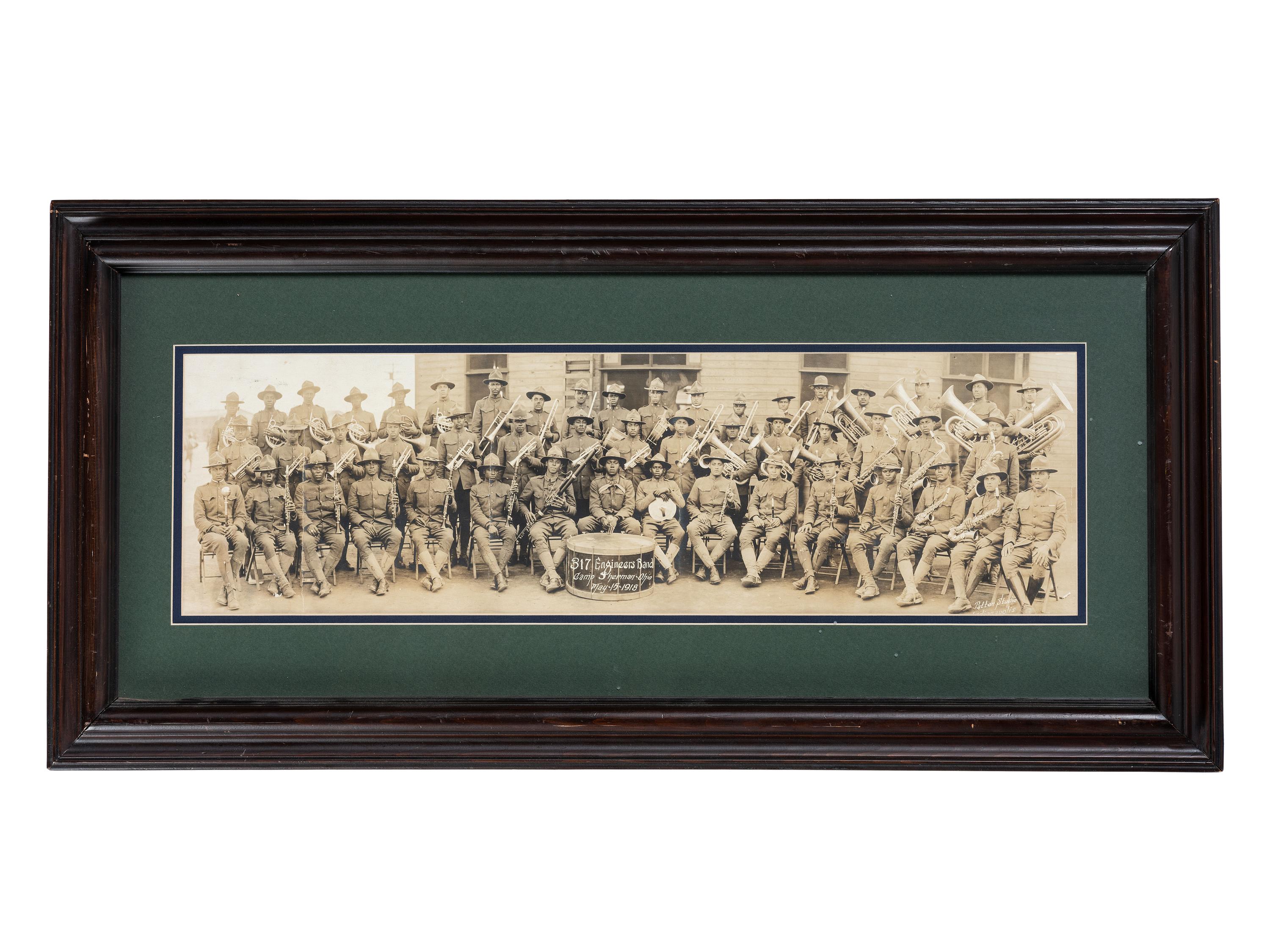 [WORLD WAR I]. Panoramic photograph of the World War I 317th Engineer's Band. Indianapolis: Patton Studio, 1918.