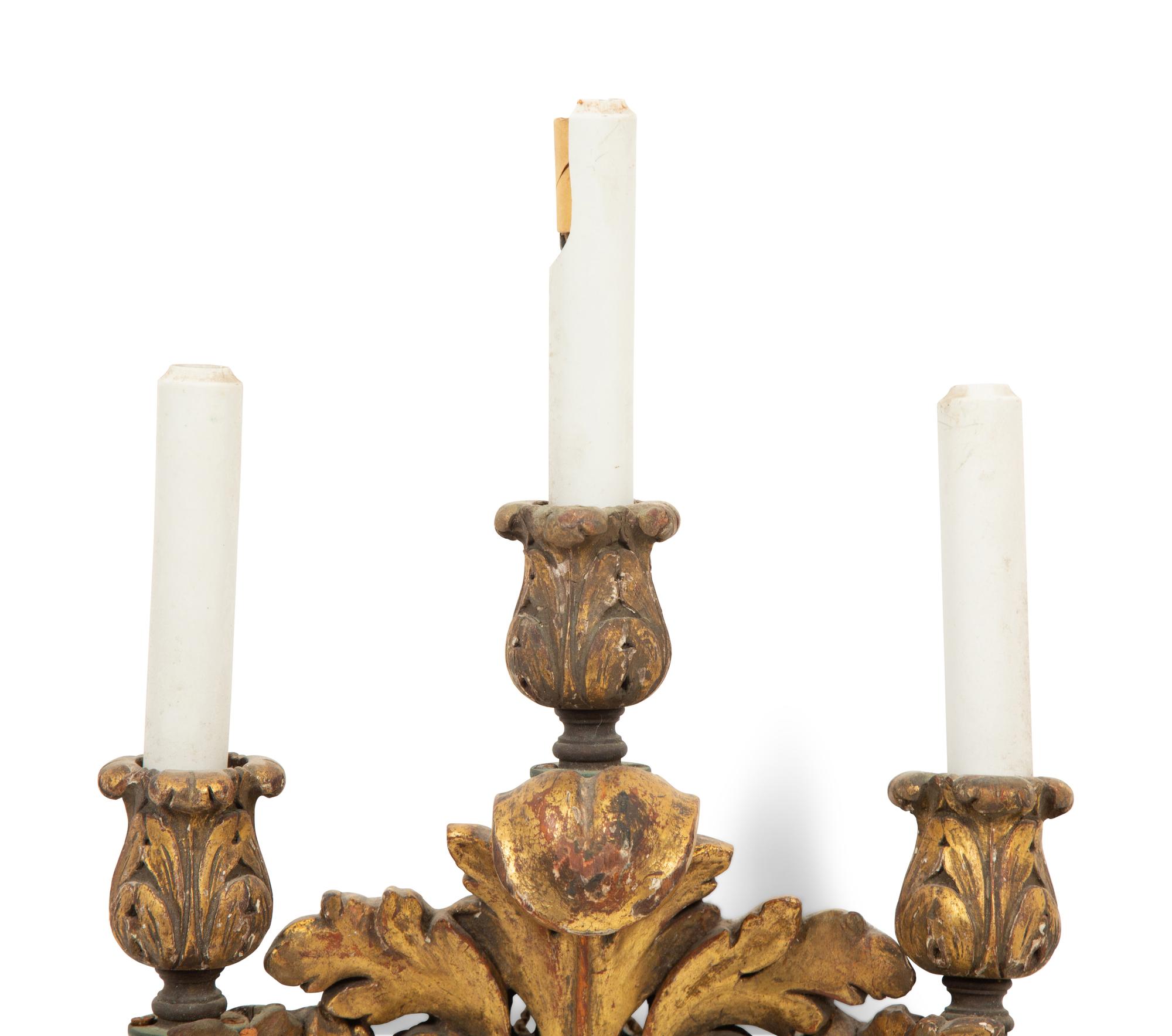 An Italian Baroque Style Giltwood Three Light Wall Sconce