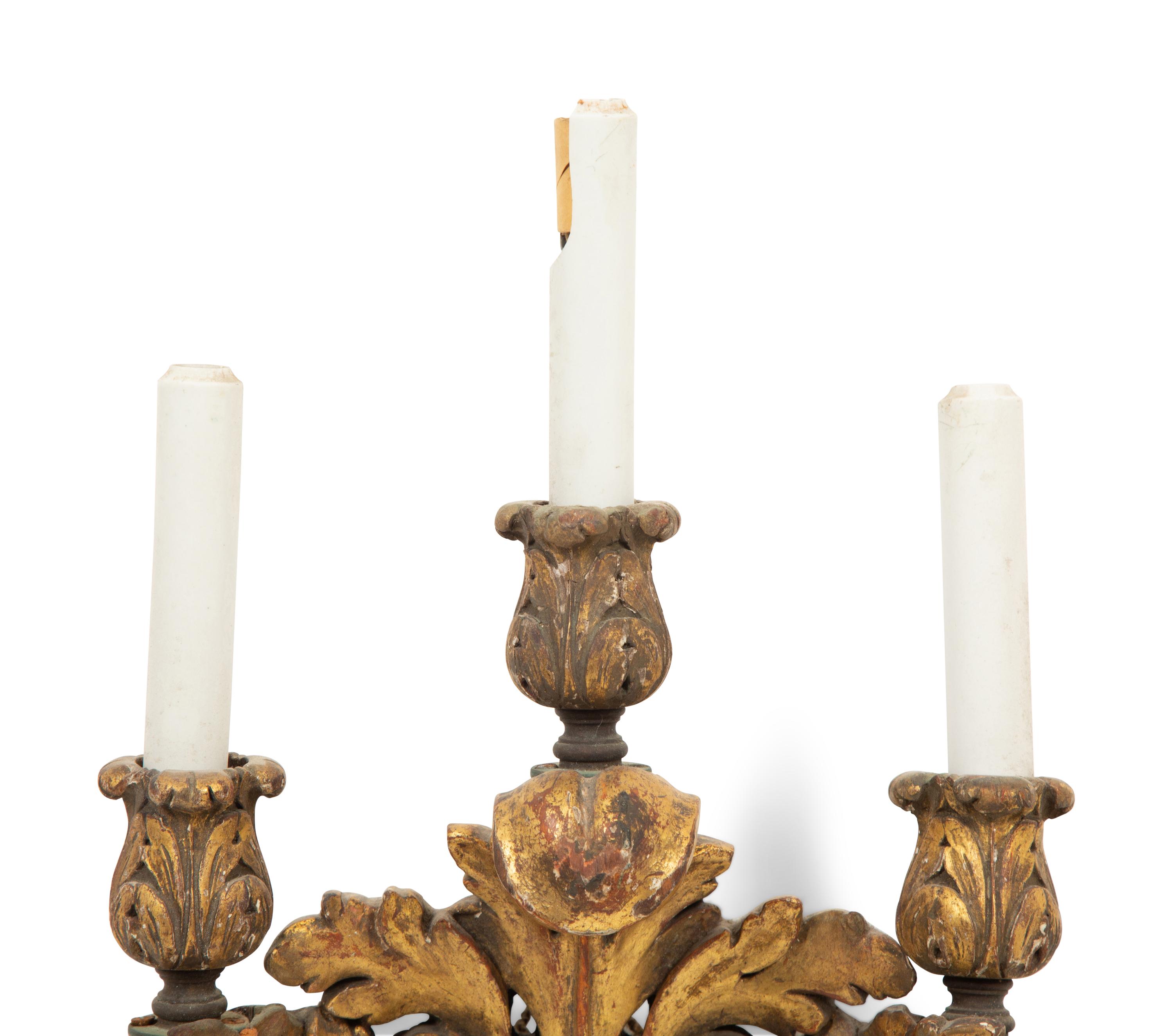 An Italian Baroque Style Giltwood Three Light Wall Sconce