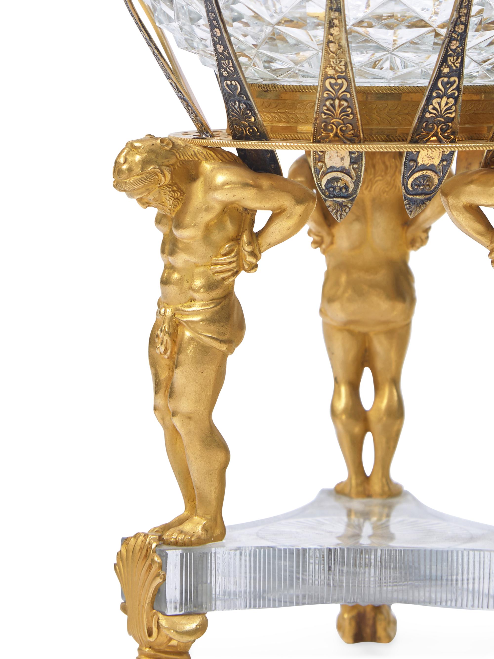 A French Neoclassical Gilt Bronze Mounted Cut-Glass Caviar Server with French Silver Gilt Spoons