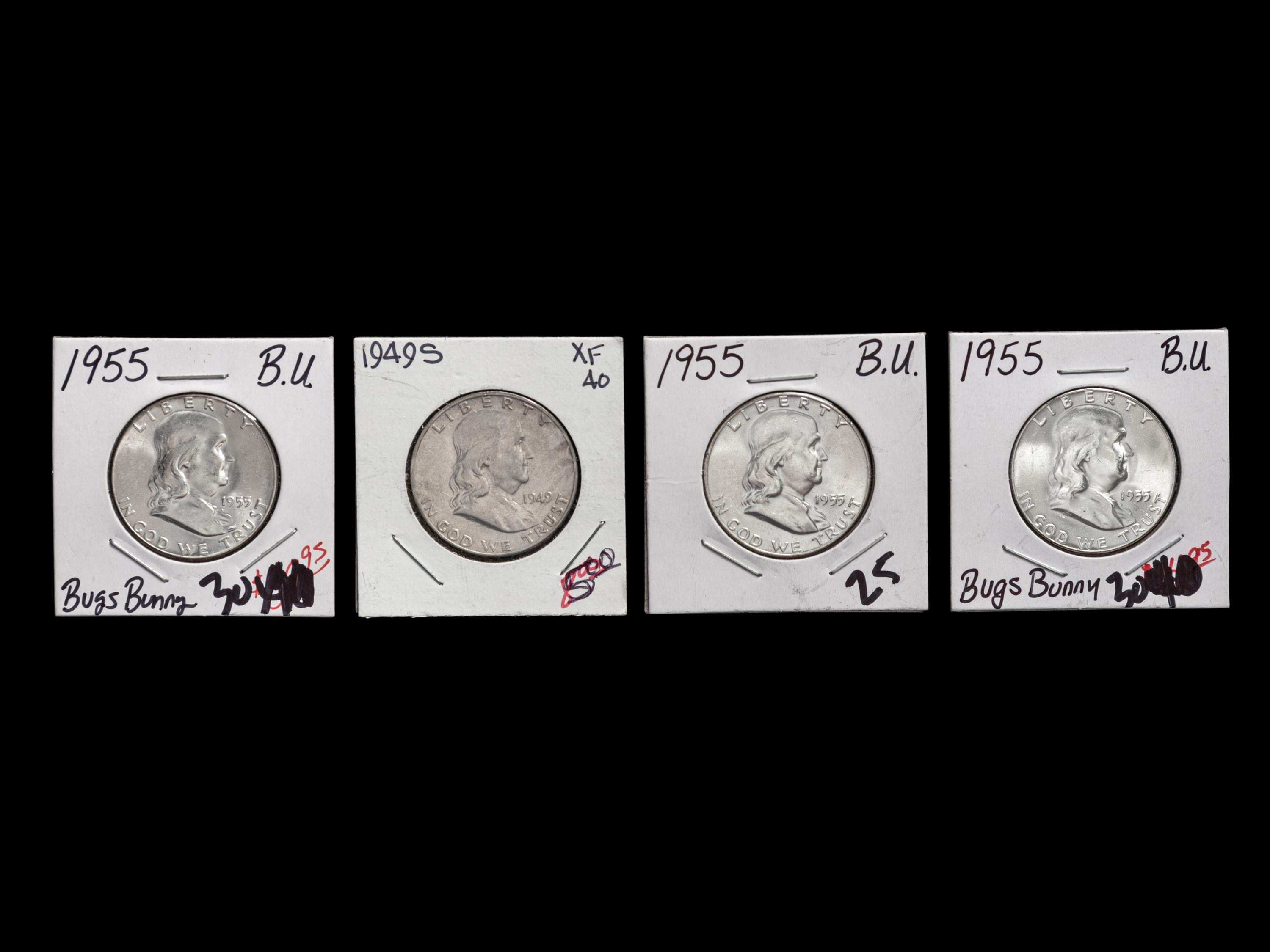 Three 1955 Benjamin Franklin 50c coins