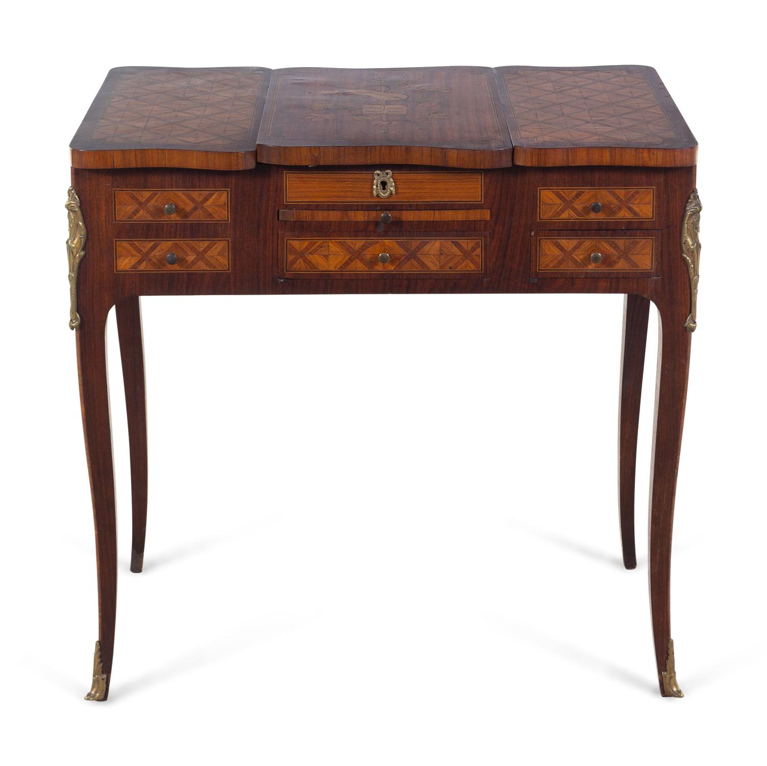 A Louis XV/XVI Transitional Style Gilt Bronze Mounted Parquetry Poudreuse