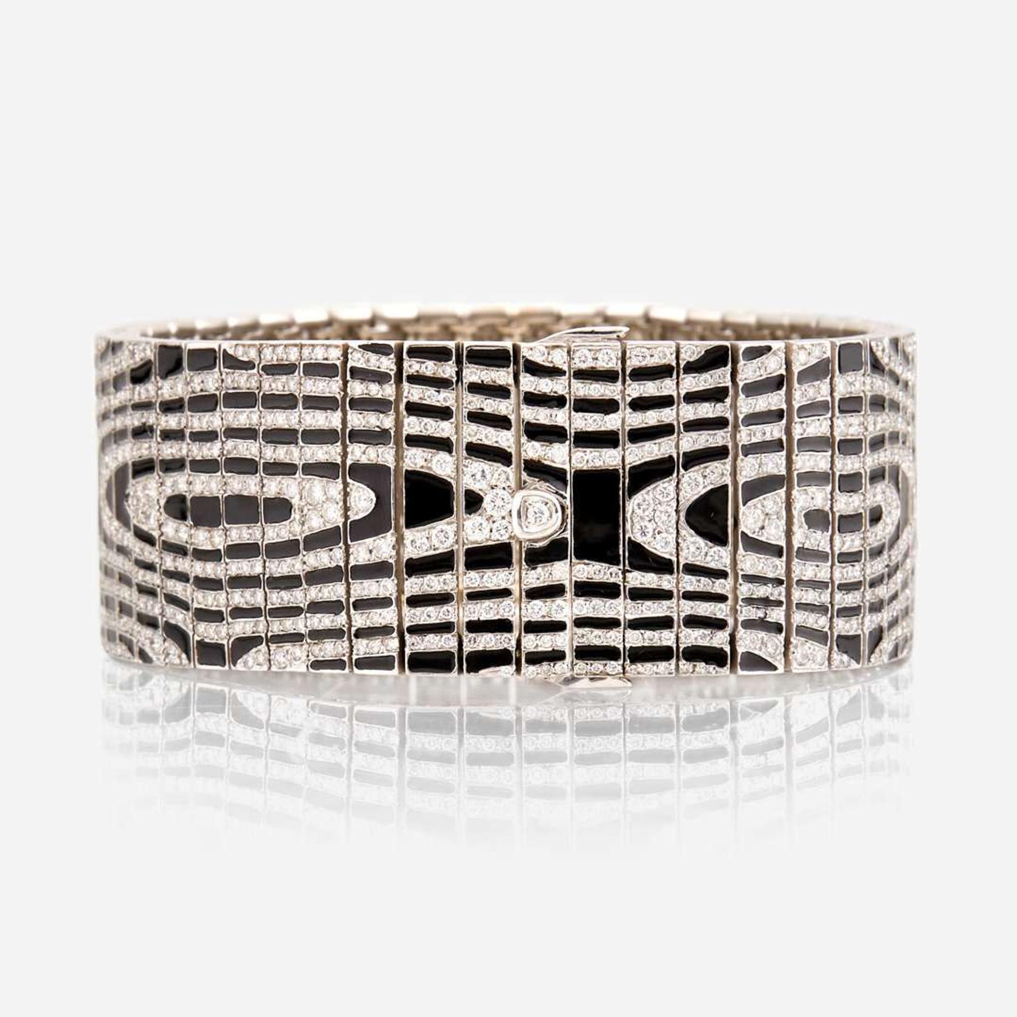 A white gold, diamond, and enamel bracelet