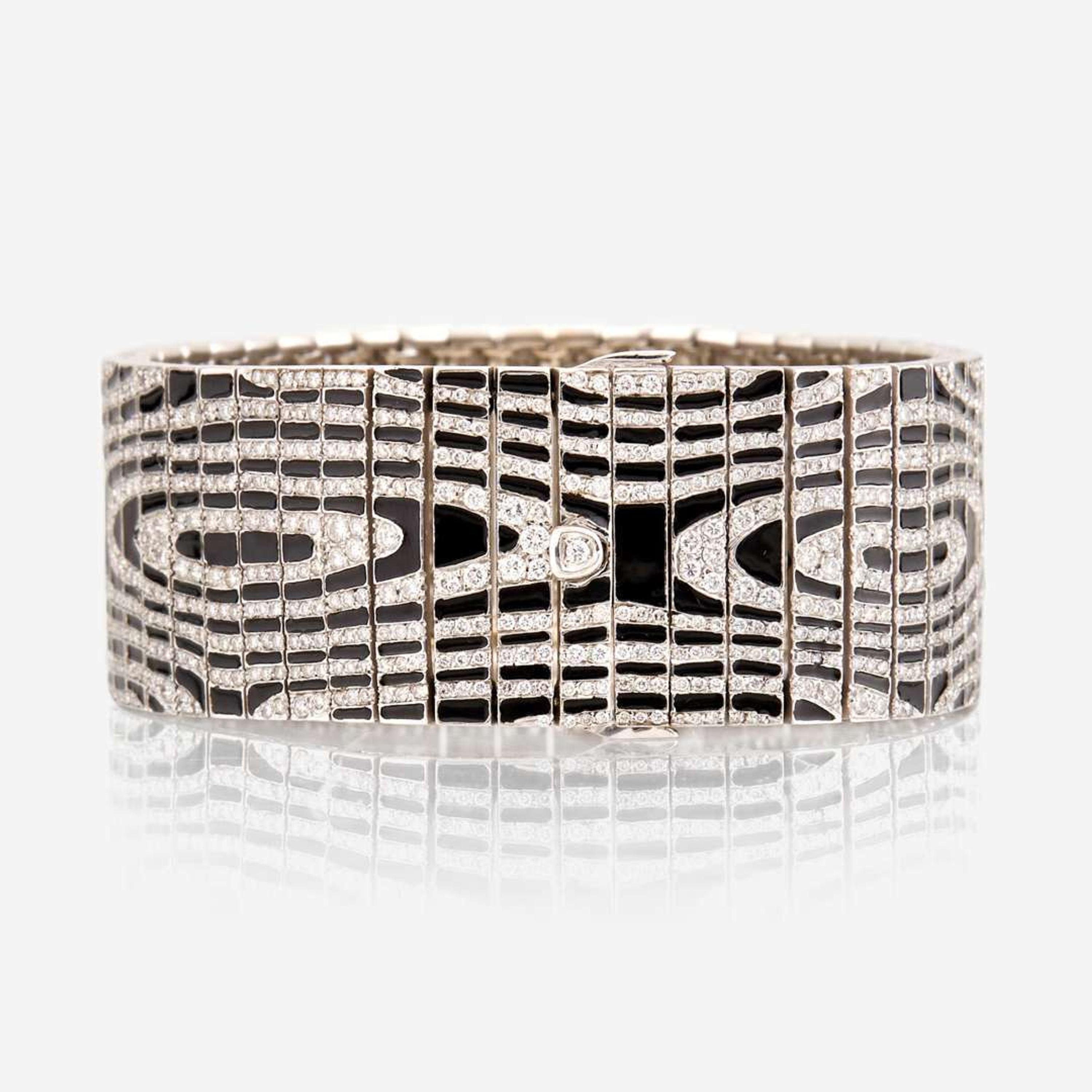 A white gold, diamond, and enamel bracelet