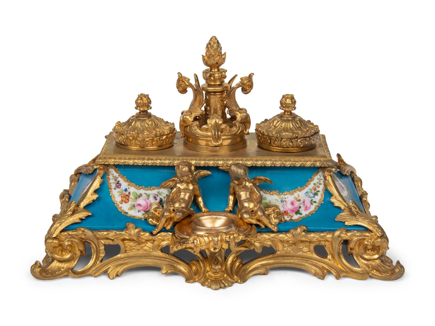 A French Gilt Bronze and Porcelain Ink Stand