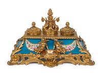 A French Gilt Bronze and Porcelain Ink Stand