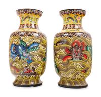 Seven Large Chinese Yellow Ground Cloisonné Enameled Vases