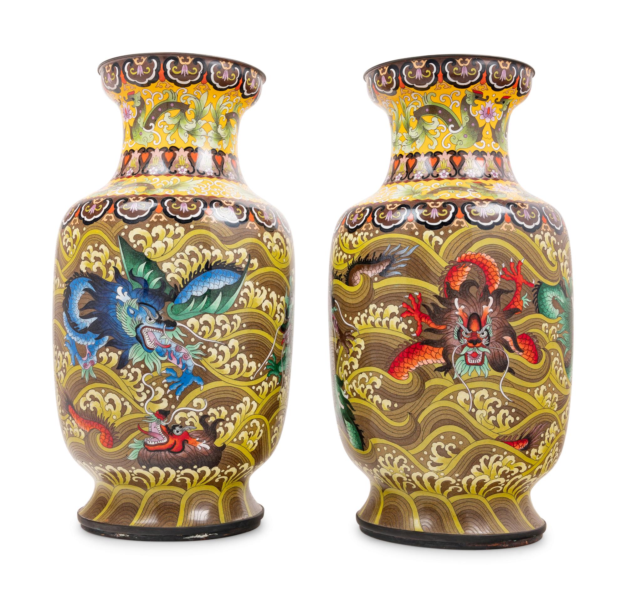 Seven Large Chinese Yellow Ground Cloisonné Enameled Vases