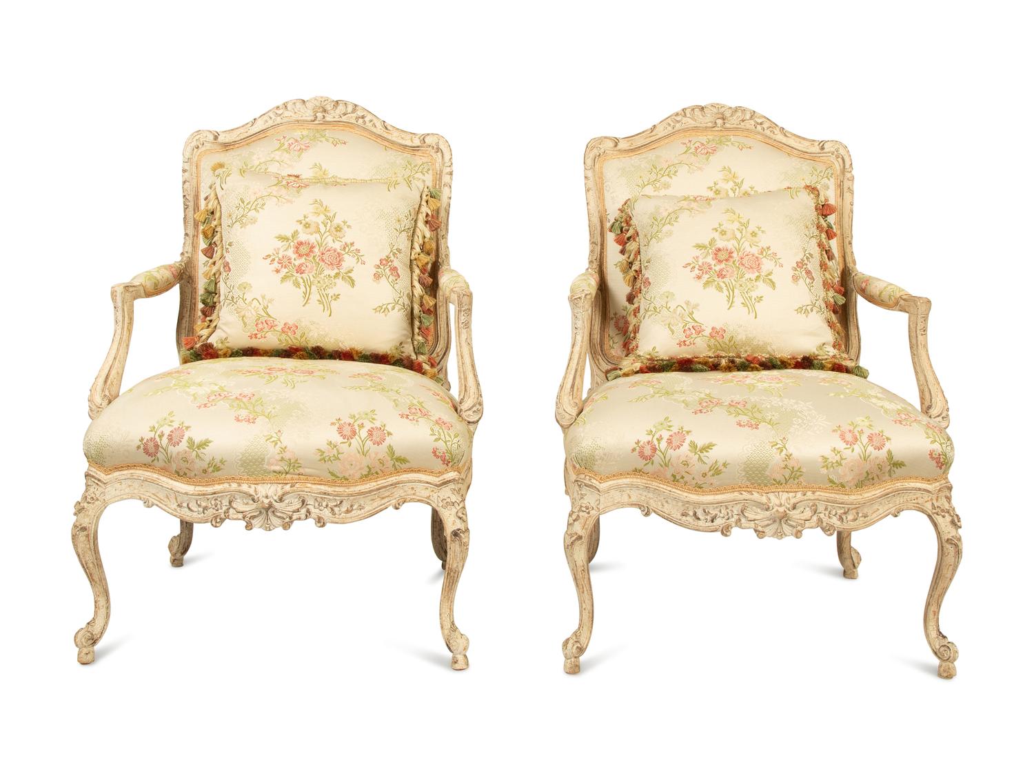 A Pair of Louis XV Style Carved and Painted Fauteuils — 20TH CENTURY