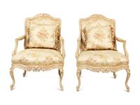 A Pair of Louis XV Style Carved and Painted Fauteuils — 20TH CENTURY