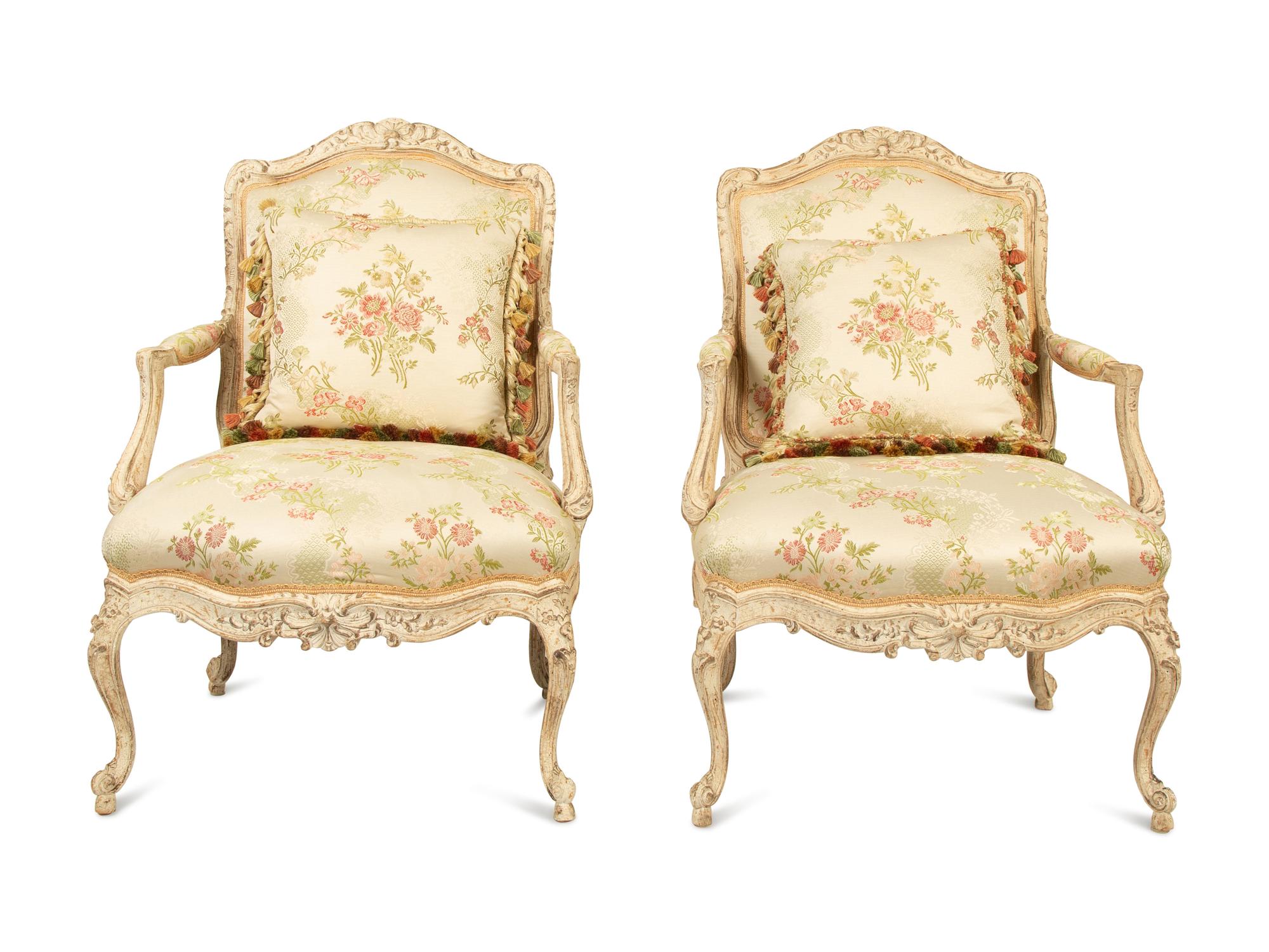 A Pair of Louis XV Style Carved and Painted Fauteuils — 20TH CENTURY