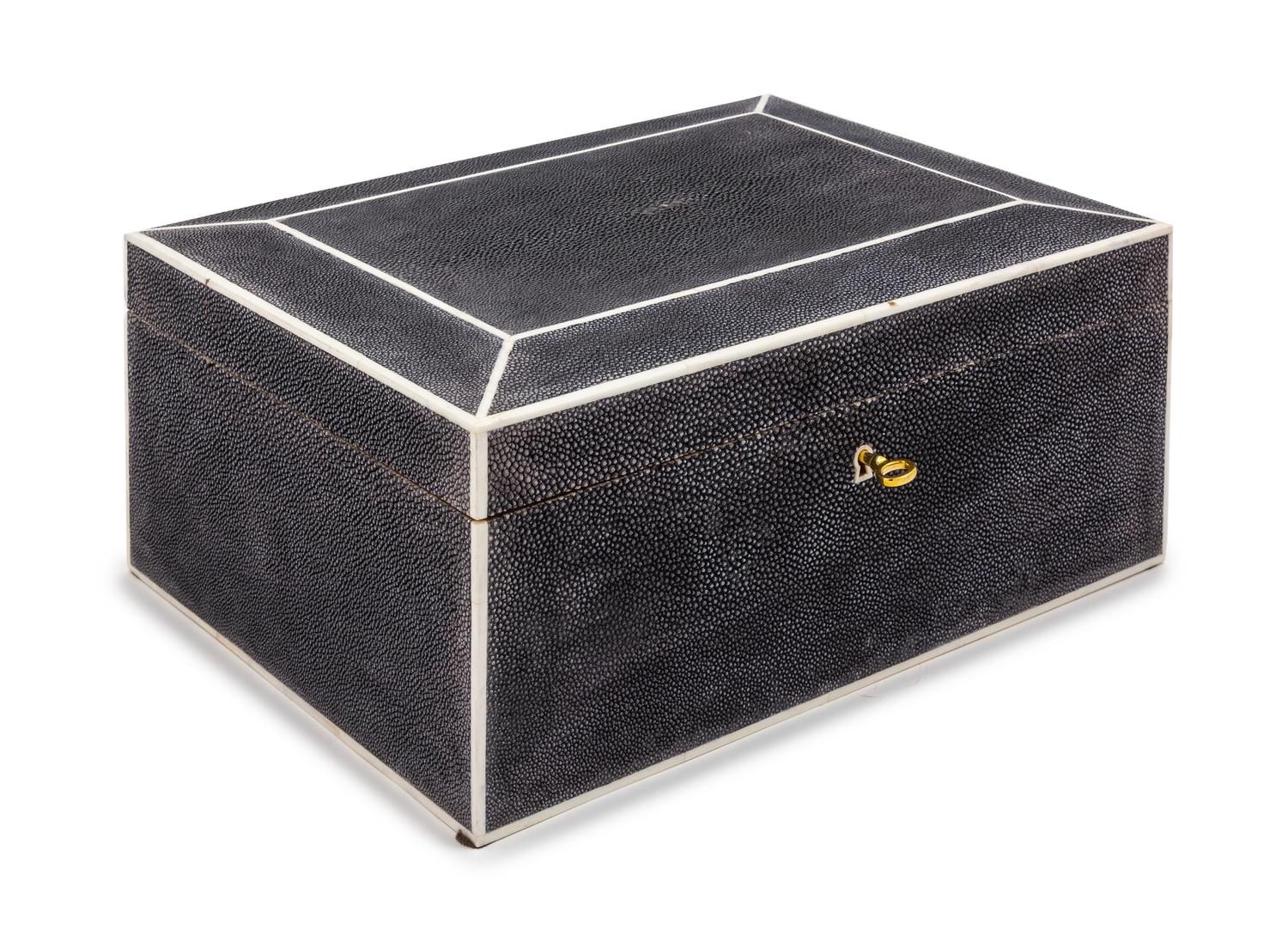 A Shagreen Veneered Cigar Humidor Height 5 3/4 x width 13 x depth 9 1/2 inches. — 20TH CENTURY