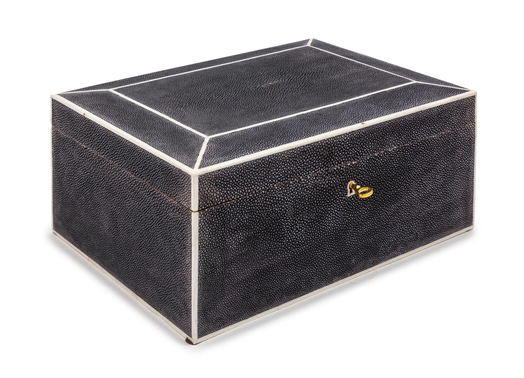 A Shagreen Veneered Cigar Humidor Height 5 3/4 x width 13 x depth 9 1/2 inches. — 20TH CENTURY
