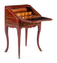A Louis XV Red Chinoiserie Lacquered Slant-Front Bureau