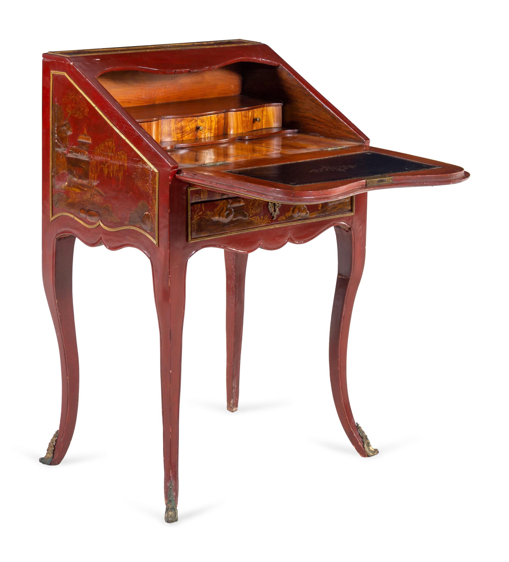 A Louis XV Red Chinoiserie Lacquered Slant-Front Bureau
