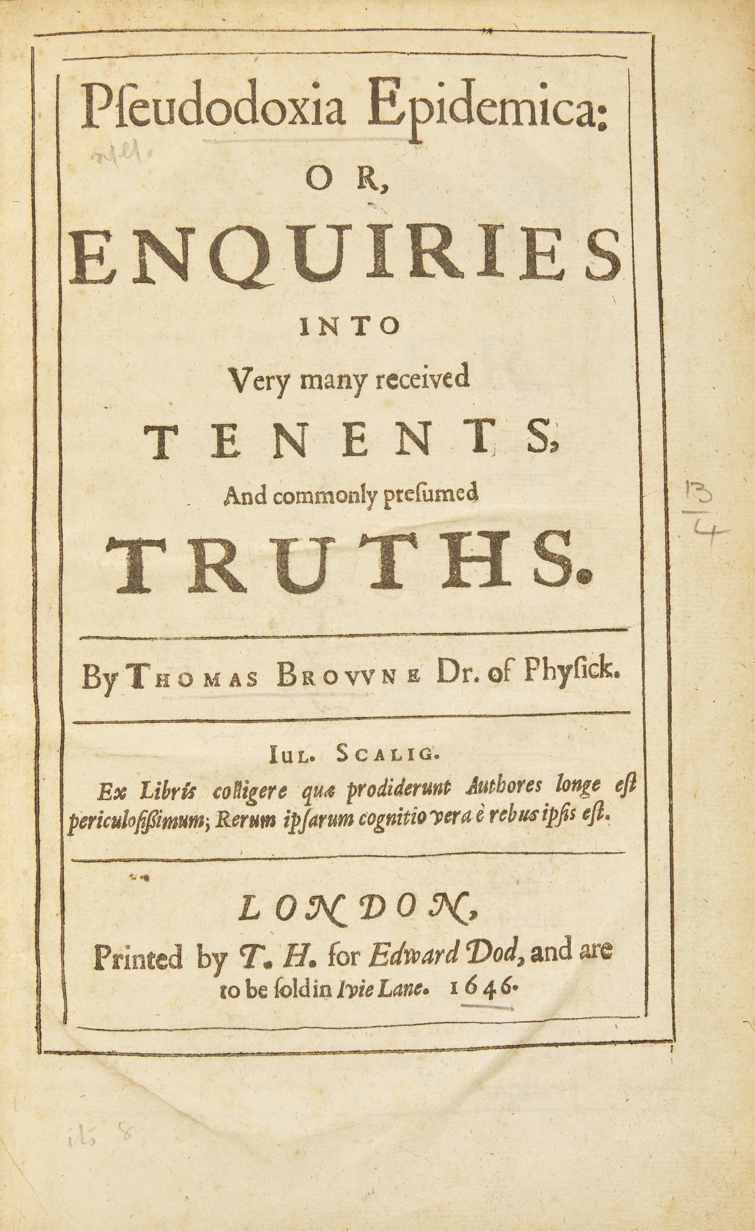 [Science, Medicine, Mathematics] Browne, Thomas. Pseudodoxia Epidemica...